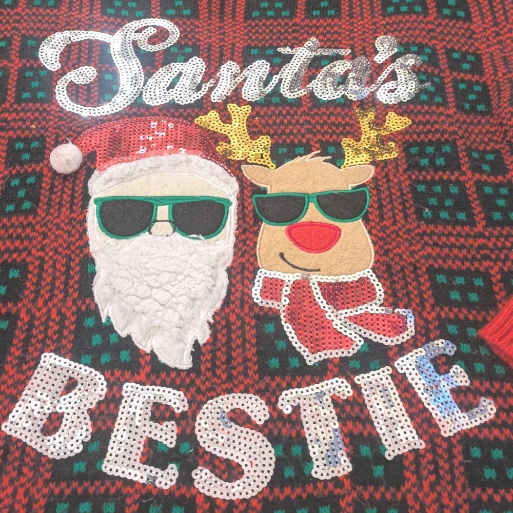 No Boundaries Santa's Bestie Ugly Christmas Sweater Red Green Juniors Small 3-5 - Picture 2 of 3